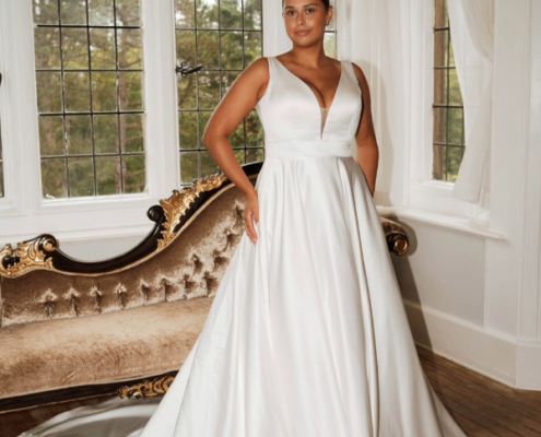 Classic satin gown with botton down back detail and long train