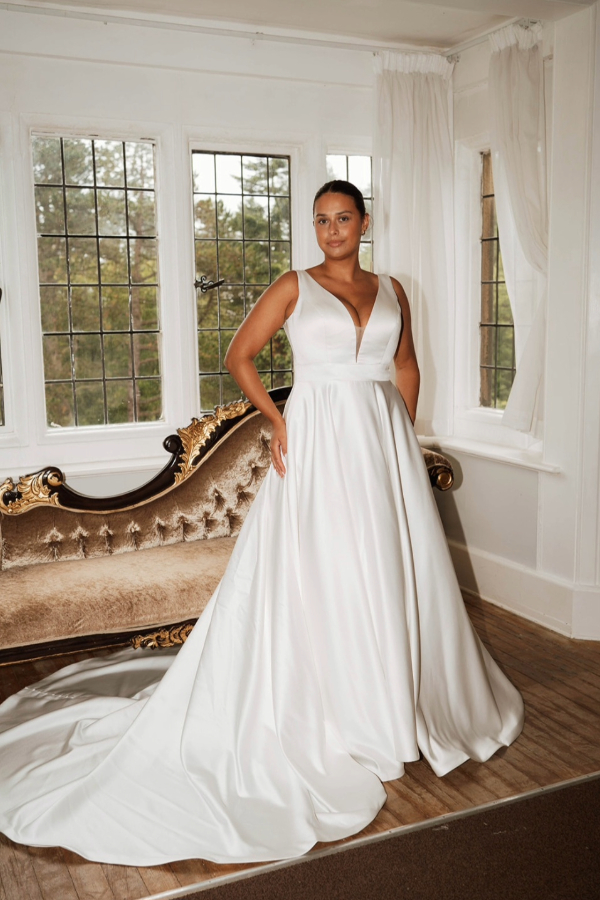 Classic satin gown with botton down back detail and long train