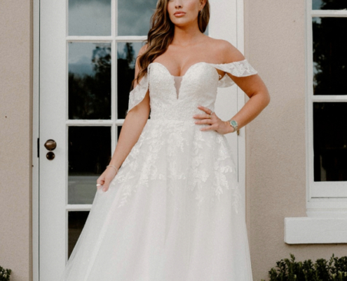 Off the shoulder gown in Ivory with lace detailing
