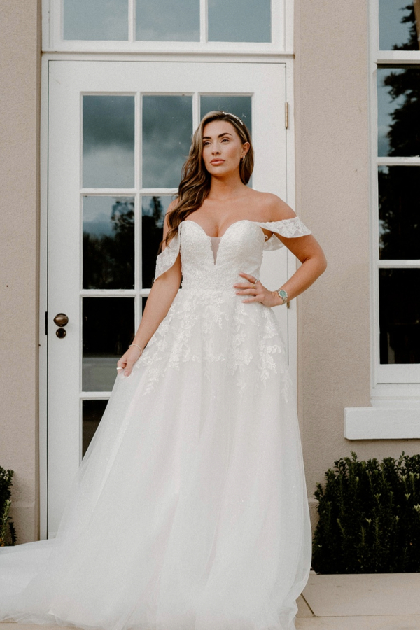 Off the shoulder gown in Ivory with lace detailing