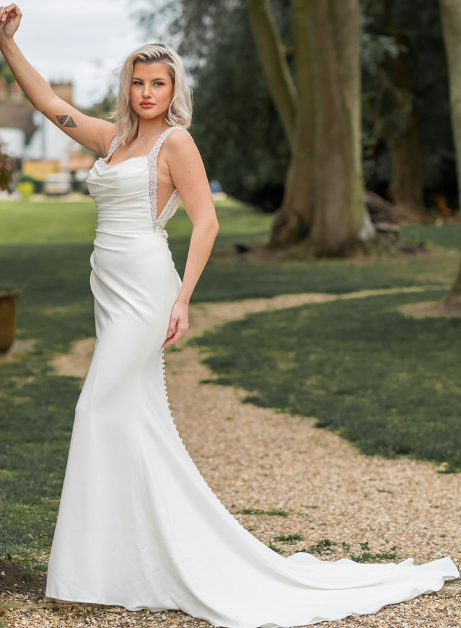 Fit and flare crepe wedding dress with pearl detail