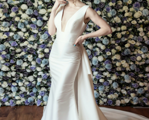 Satin Fish tail wedding dress with detachable train and bow