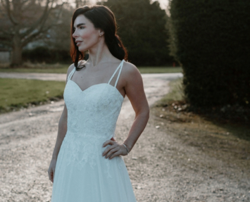 Aline wedding dress with lace applique and back strap detail