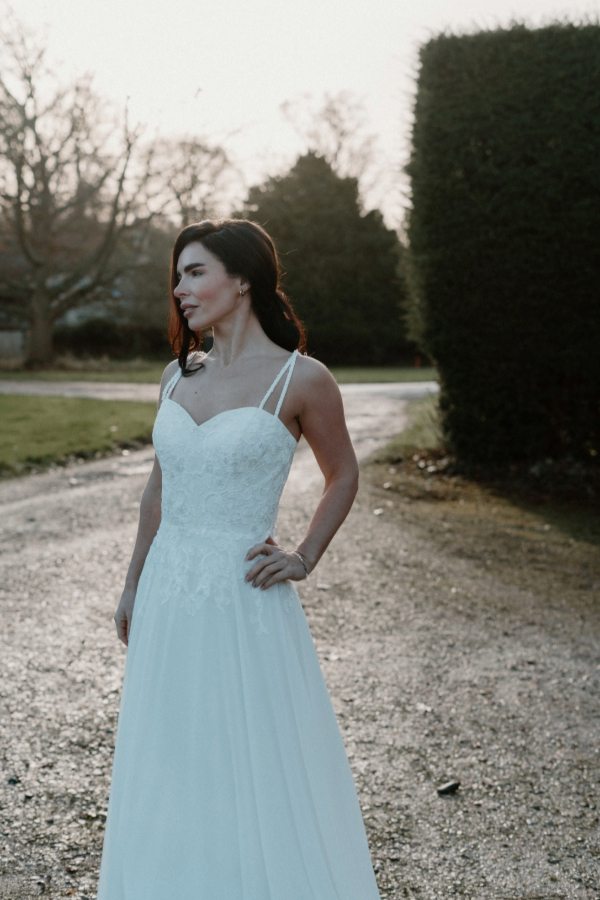 Aline wedding dress with lace applique and back strap detail