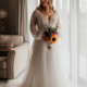 Boho style wedding dress with botanical lace details. lightweight, long sleeve.