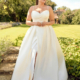 Satin wedding dress from our curve range with beaded neckline and front split