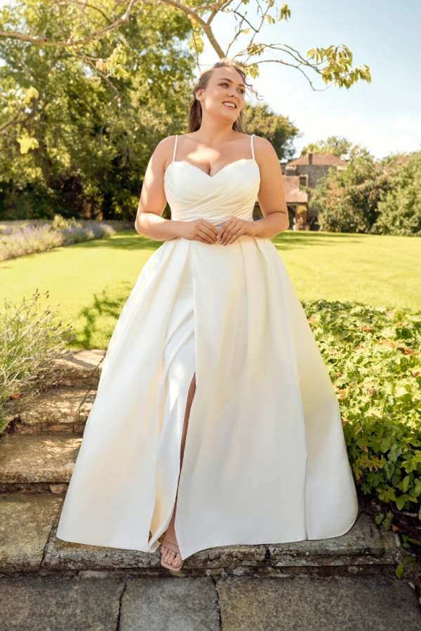 Satin wedding dress from our curve range with beaded neckline and front split