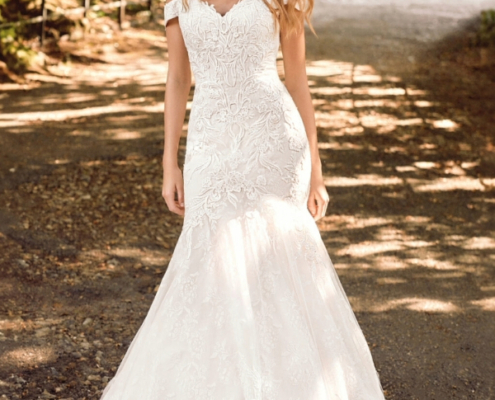 Fishtail, lace wedding dress with off the shoulder