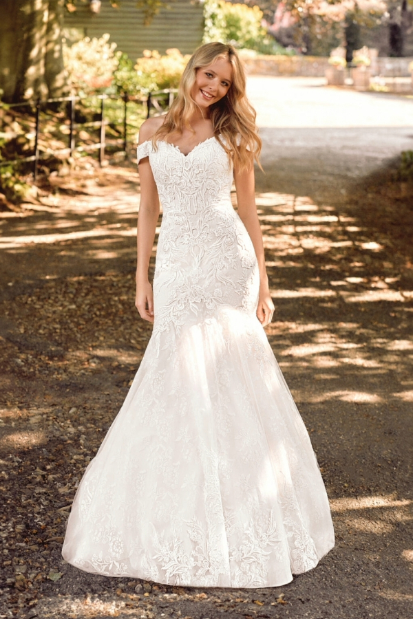 Fishtail, lace wedding dress with off the shoulder
