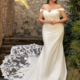 Ivory, fit and flare dress in crepe with lace train and off the shoulder detail