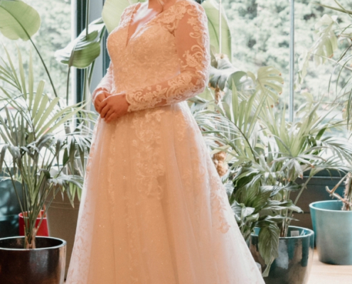 A line wedding dress with sleeves and all over lace and sparkle