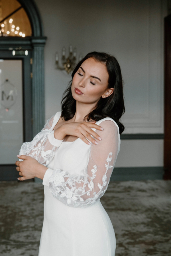 Fit and flare, crepe wedding dress with detachable sleeves