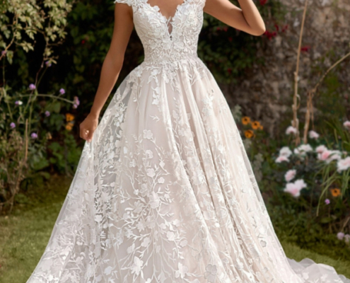 Floral wedding dress with cap sleeves