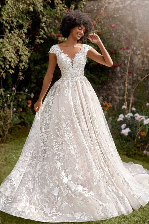 Floral wedding dress with cap sleeves