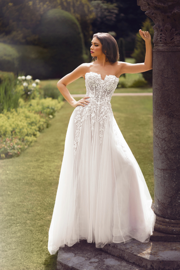 Aline wedding dress with floral embroidery strapless