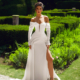 Fit and flare wedding dress with removable sleeves and pearl detail