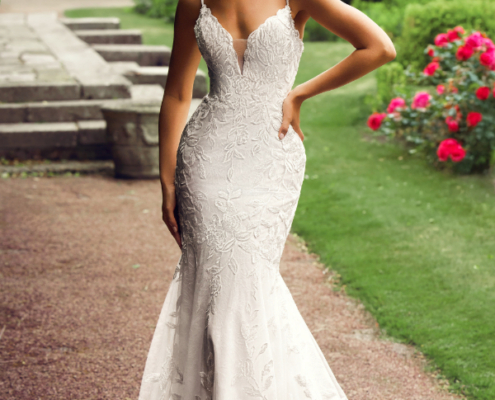 Mermaid wedding dress with all over lace and spaghetti straps