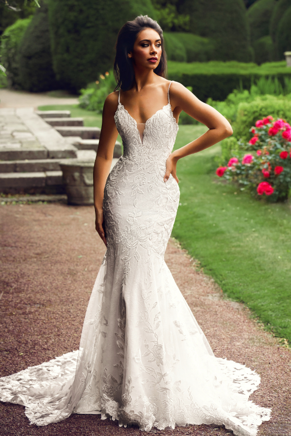 Mermaid wedding dress with all over lace and spaghetti straps