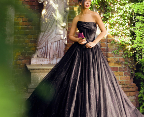 Black Wedding dress with glitter skirt. Strapless corset