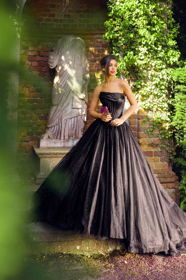Black Wedding dress with glitter skirt. Strapless corset