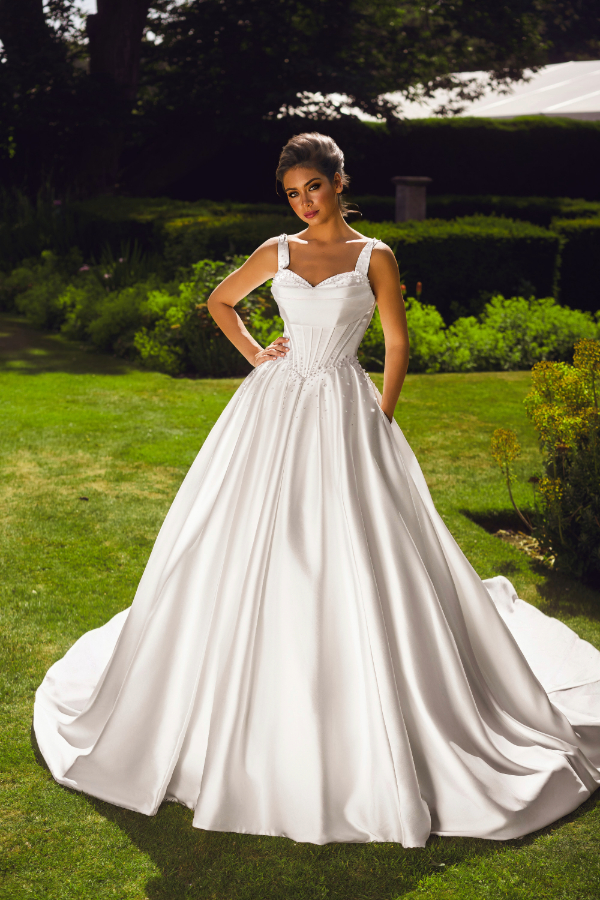 A-line wedding gown, satin with corset detail
