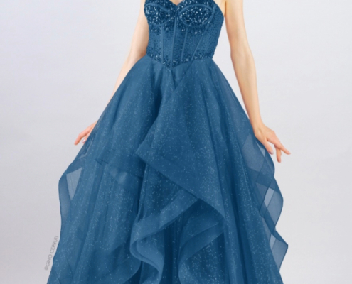 Layered prom dress, full skirt with beaded bodice, corset.