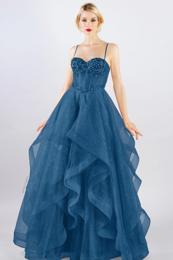 Layered prom dress, full skirt with beaded bodice, corset.