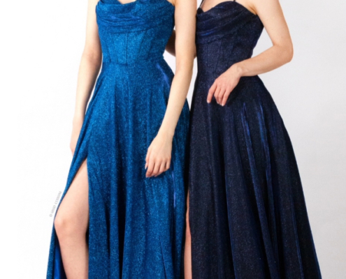 A-line prom dress, glitter and corset detail with leg split