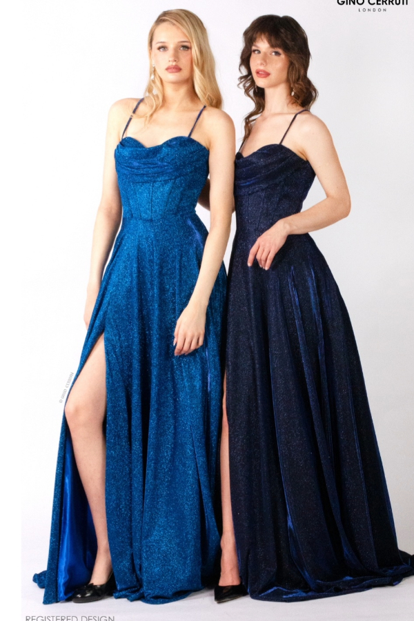 A-line prom dress, glitter and corset detail with leg split
