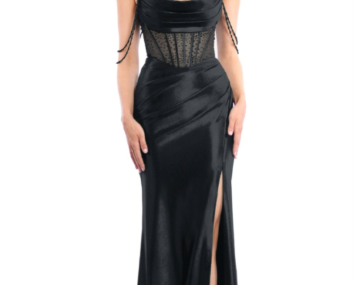 Slinky satin prom dress with beaded corset and shoulder straps