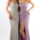 Fitted prom dress. Glitter with side split and structured neckline
