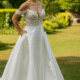 A-line wedding dress with beaded bodice and satin skirt. off the shoulder.