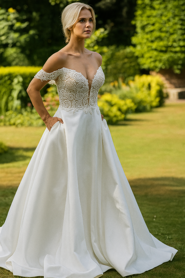 A-line wedding dress with beaded bodice and satin skirt. off the shoulder.