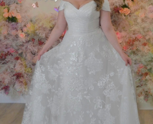 Curve range wedding dress with off the shoulder bardot neckline