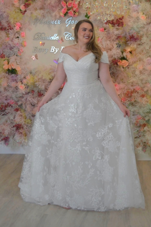 Curve range wedding dress with off the shoulder bardot neckline