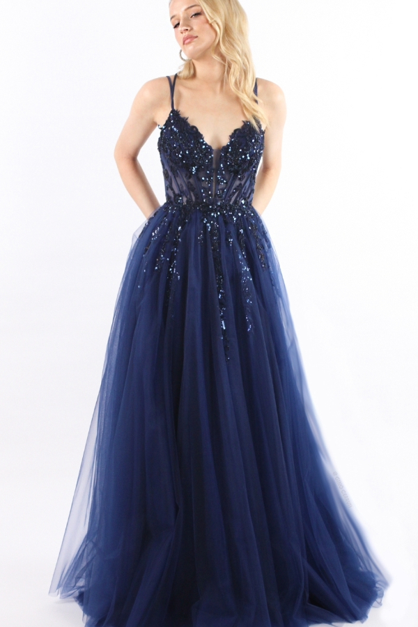 Beaded prom dress with full skirt and lace up back detail