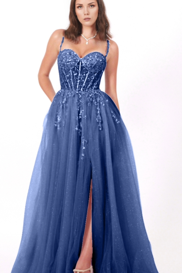 Princess style prom dress with corset bodice, leg split and lace details