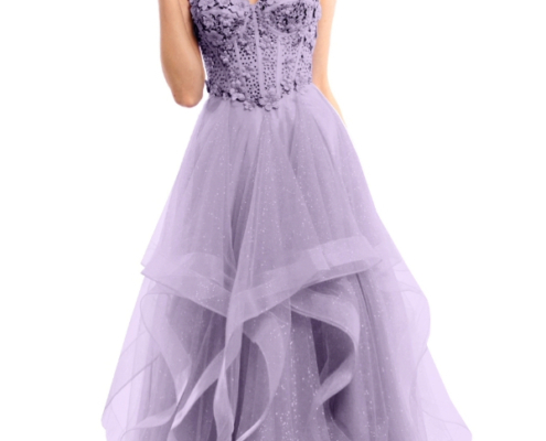 Princess style prom dress with layered skirt and 3d flowers on bodice