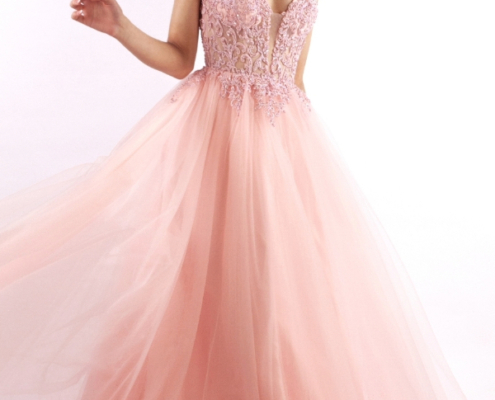 Princess prom dress with flowing skirt and lace up bodice
