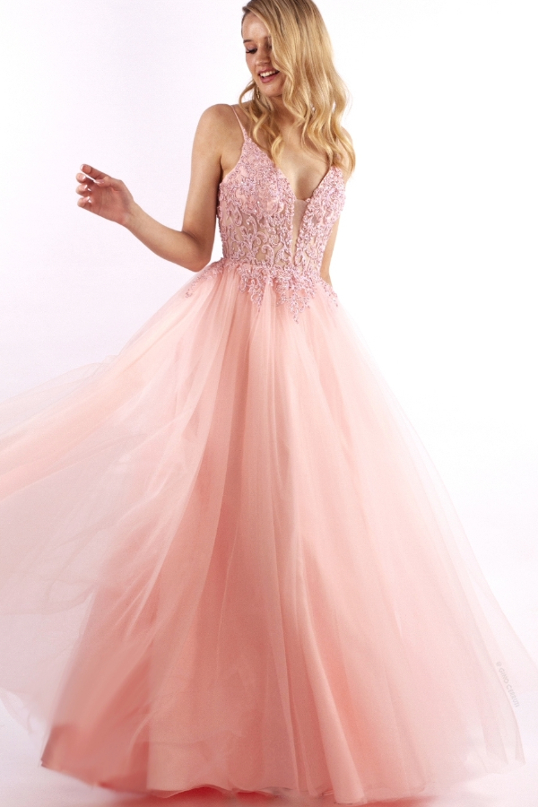 Princess prom dress with flowing skirt and lace up bodice