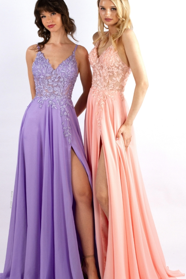 Chiffon prom dress with sequin lace bodice and tie back