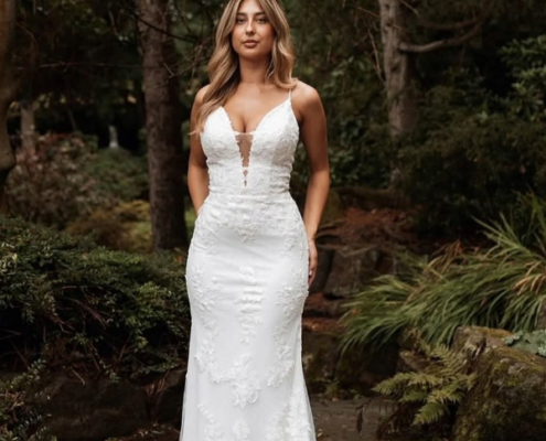Fit and flare lace wedding dress with plunge neckline