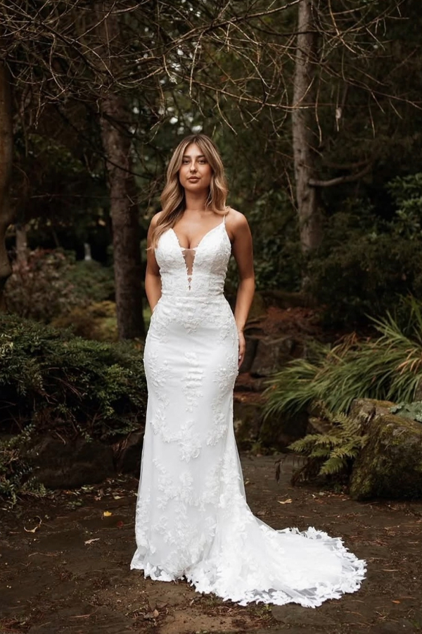 Fit and flare lace wedding dress with plunge neckline