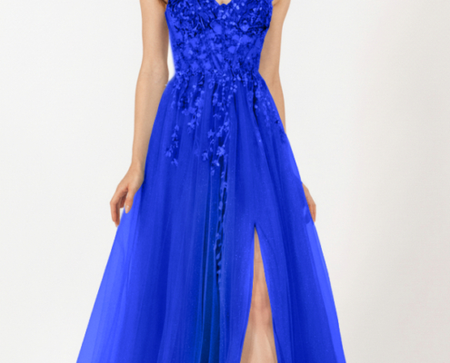 Royal blue prom dress with floaty tulle skirt, front leg split and beaded bodice