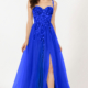 Royal blue prom dress with floaty tulle skirt, front leg split and beaded bodice