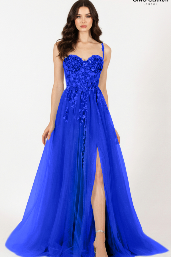 Royal blue prom dress with floaty tulle skirt, front leg split and beaded bodice