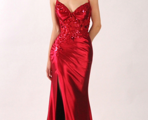 Slinky red satin prom dress with embroidered bodice and front leg split