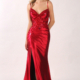 Slinky red satin prom dress with embroidered bodice and front leg split