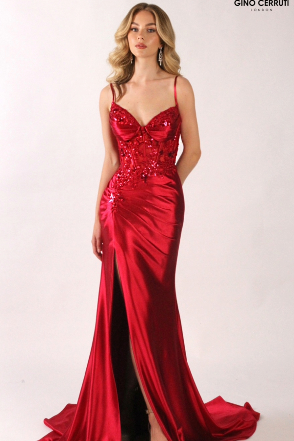 Slinky red satin prom dress with embroidered bodice and front leg split