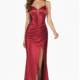 Slinky satin prom dress in red with front leg split and plunging neck line